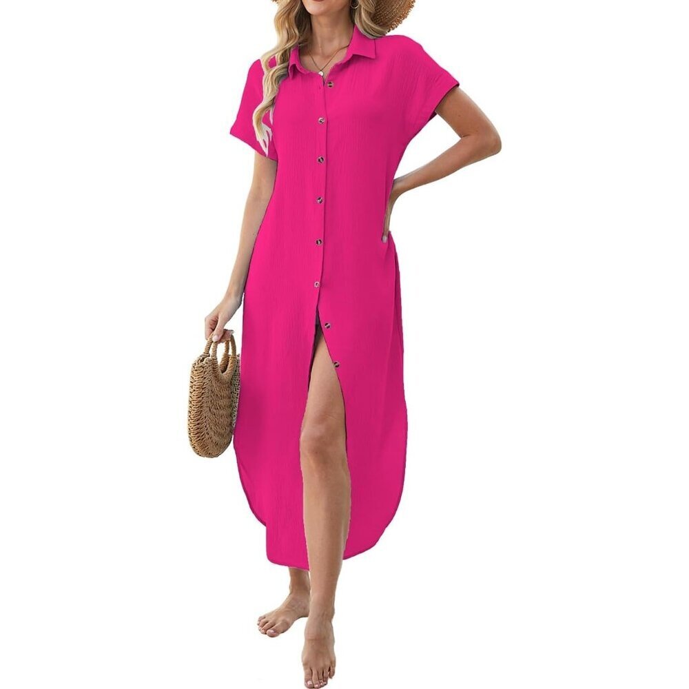 Women Pink Long Maxi Button Down Summer Bikini Swimsuit Cover Up Beach Dress